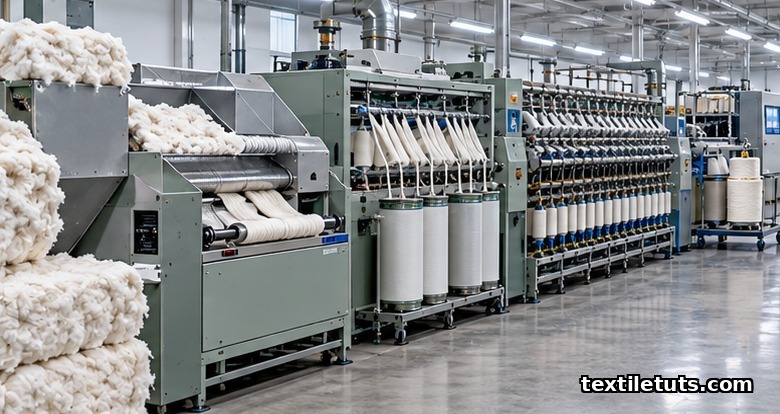 Spinning production line from cotton bales through blowroom, card, draw frame, roving, ring frame, and winding with electronic clearer.