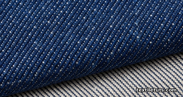 Macro detail of indigo denim showing the steep3/1 twill diagonal on the blue face and white undyed weft on the back.