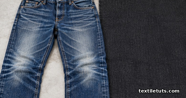 Worn faded blue jeans showing whiskers and honeycombs beside a swatch of unfaded sulfur black denim for visual contrast.