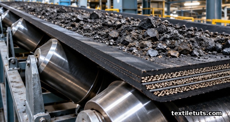 Cross-section of an industrial fabric conveyor belt showing stacked woven textile carcass plies and rubber cover layers over a troughing idler.