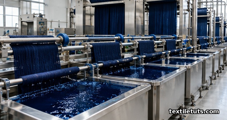 Industrial continuous indigo dyeing range showing dyebaths, guide rollers, and oxidation chambers processing warp yarn.