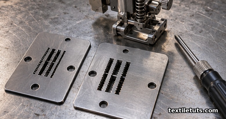 Overhead view of interchangeable industrial throat plates with fine and coarse stitch-pitch slots beside an adjustable spring-loaded presser foot.