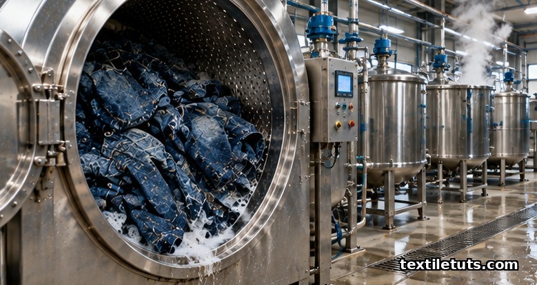 Industrial rotary drum washing machine tumbling indigo denim jeans inside a denim finishing facility.