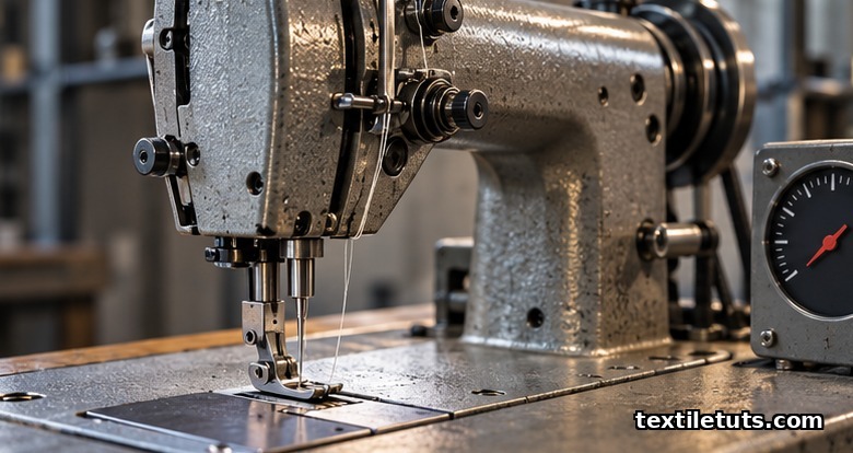 Heavy cast-iron industrial sewing machine head on its hinged mounting plate with needle bar and main shaft visible, suggesting 4000+ SPM operation.