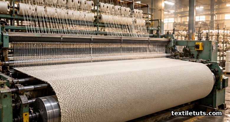 A wide industrial shuttleless weaving loom in a factory hall producing a continuous roll of coarse conveyor-belt fabric up to 2400 mm wide.