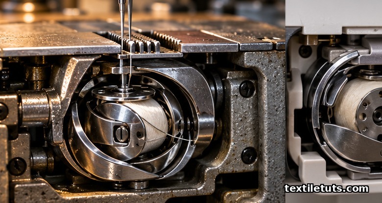 Macro of horizontal-axis rotary hook and feed dog inside an industrial lockstitch machine's hook race, contrasting with a domestic oscillating hook at the edge.