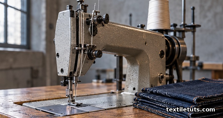 Industrial lockstitch sewing head on workshop table with Tex 60 thread feeding through needle bar next to indigo denim panels.