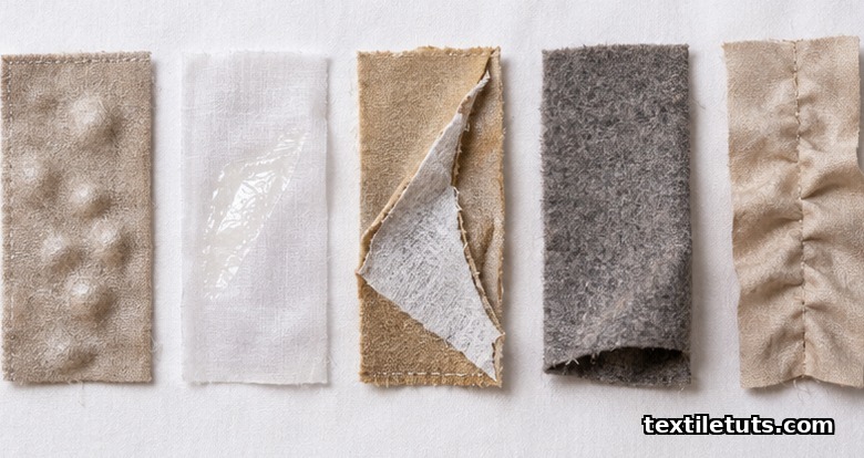 Five fabric samples illustrating common interfacing failures: bubbling, adhesive strike-through, delamination, boardy hand, and seam puckering.