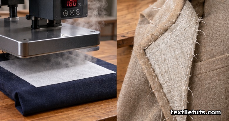 Split scene of a heat press fusing interfacing to wool suiting on one side and hand-basted sew-in canvas on a couture jacket on the other.