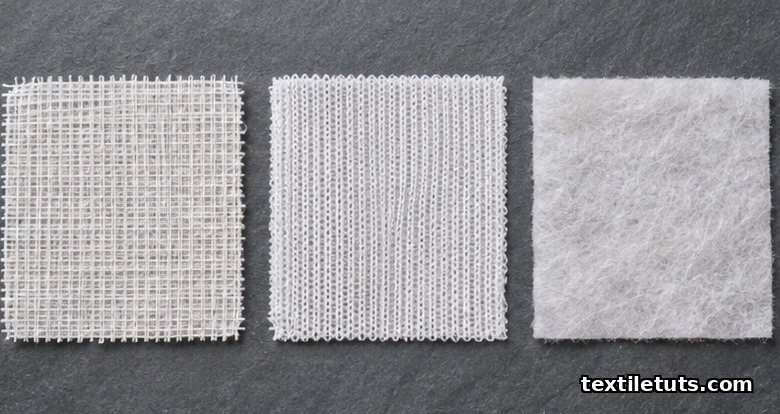 Three fabric swatches comparing woven, knit, and non-woven interfacing structures side by side on a slate surface.