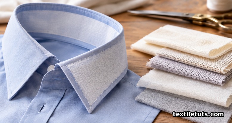 Tailor's worktable showing a fused shirt collar with woven interfacing alongside swatches of woven, knit, and non-woven interfacing.