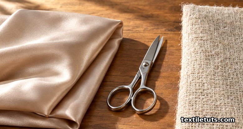 Editorial comparison on a tailor's workbench: a smooth champagne cupro lining fabric beside a textured oatmeal hair-and-wool canvas interlining.
