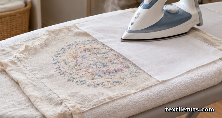 Steam iron on the reverse side of an embroidered garment with a towel cushion and a muslin pressing cloth