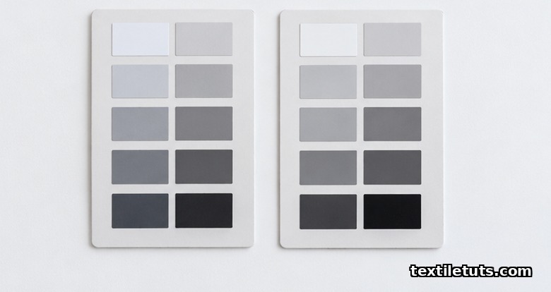 Two ISO 105 grey scale cards displayed side by side, each showing five pairs of grey chips from near-white to near-black for shade change and staining evaluation.