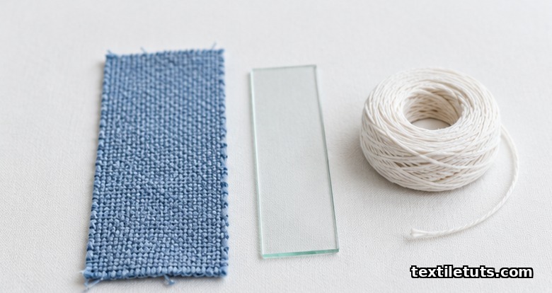 Textile laboratory still life showing a fabric specimen strip beside cotton thread and a glass slide, suggesting ISO 105 E01 colorfastness testing.