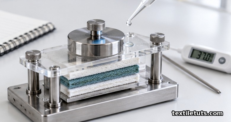 Stainless-steel perspirometer on a lab bench with a fabric specimen sandwiched between adjacent strips under a calibrated weight, water being applied.
