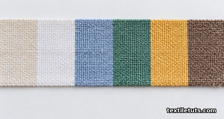 Macro flat-lay of a TV multifiber ribbon showing six distinct warp stripes — acetate, cotton, polyamide, polyester, acrylic, and wool — used in colorfastness tests.