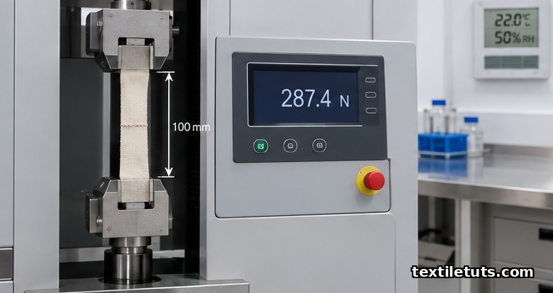 Constant-rate-of-extension tensile testing machine with a fabric specimen clamped between the jaws and a digital load cell readout, set up per ISO 13935.