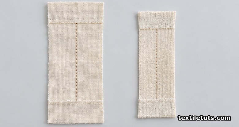 Side-by-side overhead comparison of an ISO 13935-1 grab method specimen and an ISO 13935-2 cut strip specimen, both with centered sewn seams.