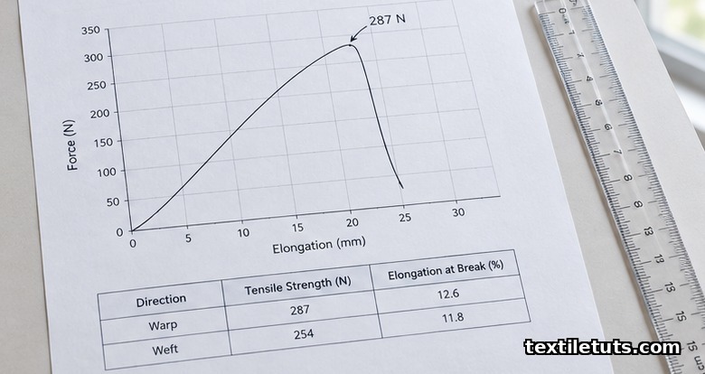Lab report page showing a tensile force-versus-elongation curve peaking near 287 N, alongside a data table of warp and weft seam strength values.