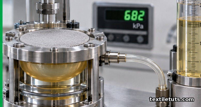 ISO 13938-1 hydraulic bursting rig: clamped knit fabric above glycerine-filled diaphragm chamber with kPa readout.
