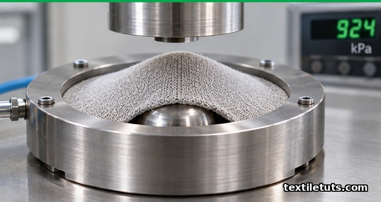 ISO 13938-2 pneumatic burst test: 38 mm polished steel ball pressing upward against a clamped knit fabric specimen.
