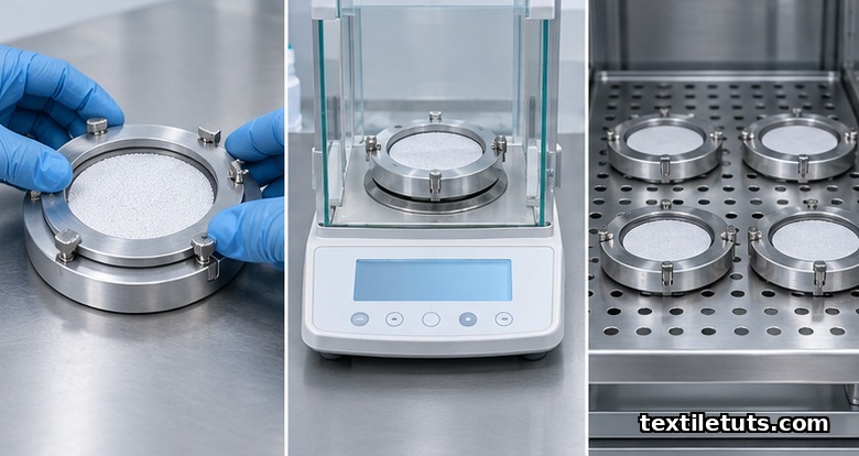 Three sequential stages of the ISO 15496 timed weighing procedure: dish sealing, balance readout, and dishes in a conditioning cabinet.