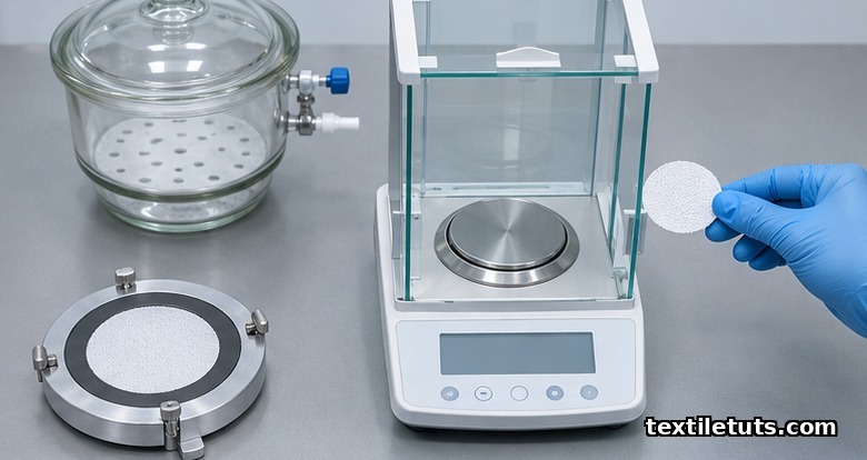 ISO 15496 apparatus: aluminum test dish with rubber gasket, 0.001 g analytical balance, and tall desiccator cabinet on a lab bench.