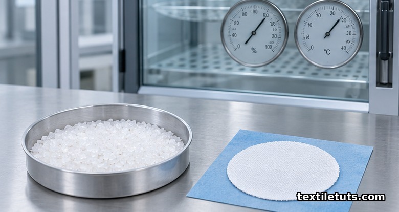 Aluminum permeability dish with dry potassium acetate desiccant beside a circular white cotton specimen on a lab bench.