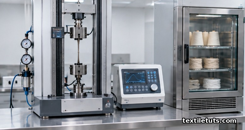 Complete CRE tensile tester setup on a laboratory bench with pneumatic jaws and adjacent climatic conditioning cabinet for ISO 2062.
