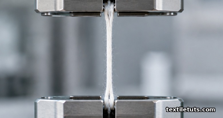Close-up of a single fine white yarn strand held taut between two flat metallic clamping jaws of a CRE tensile tester.
