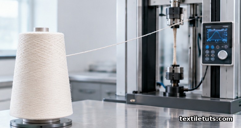 White conical yarn package beside a CRE tensile testing machine on a laboratory workbench for ISO 2062 single-end breaking force testing.
