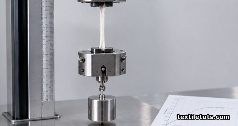 Yarn specimen vertically clamped between upper and lower jaws of a tensile tester with pre-tension weight during ISO 2062 test procedure.