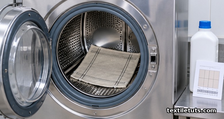 ISO reference drum washing machine with a marked fabric specimen inside for a dimensional change test