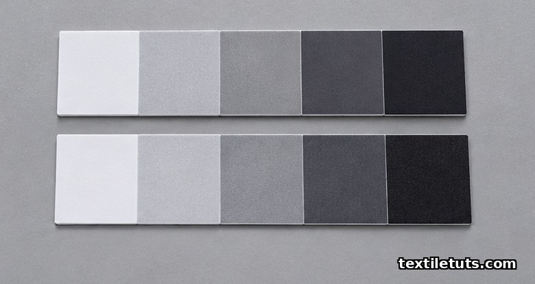 Two parallel rows of ISO grey scale reference cards showing five progressive grey chips for rating textile colour change and staining.