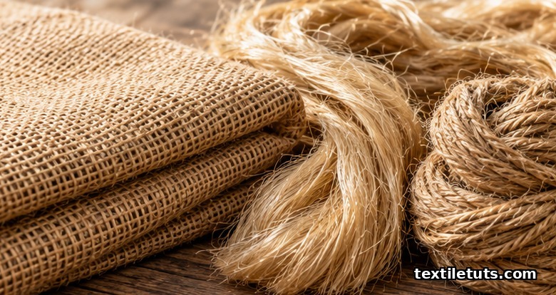 Folded golden jute fabric with plain-weave texture beside a bundle of raw jute fibers and coarse jute yarn