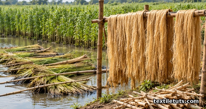 Jute stalks retting in a pond with stripped golden jute fibers drying on a bamboo rack beside the bank