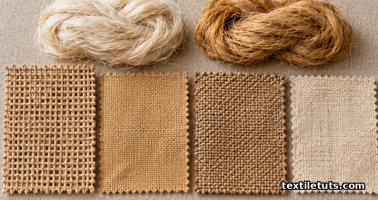 Swatches of burlap, hessian, canvas jute and jute union fabric with white and tossa jute fiber bundles