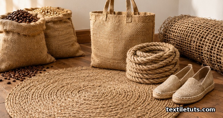 Jute products including burlap grain sacks, a braided jute rug, rope, a tote bag and espadrilles with jute soles