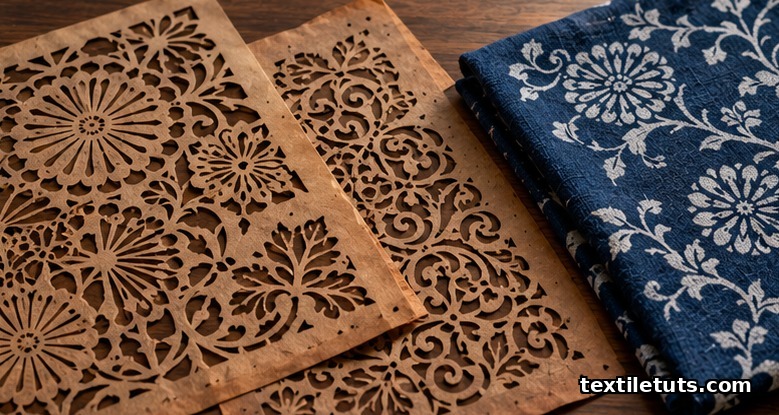 Antique mulberry-bark paper katagami stencils beside an indigo katazome-printed cotton textile.