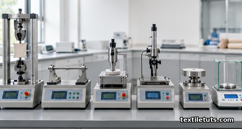 Kawabata Evaluation System six low-stress fabric testing modules arranged on a textile research laboratory bench.