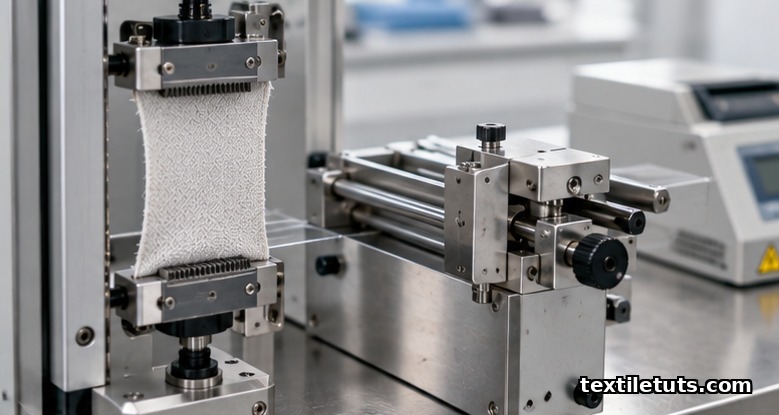Close-up of a KES-F1 tensile and shear tester gripping a square worsted suiting swatch between two clamp jaws.