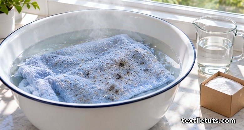 Moldy cotton towel soaking in a basin of white vinegar and warm water beside borax by an open window