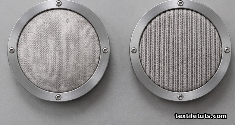 Two knit fabric specimens clamped in circular ring fixtures over a 50 cm² test area for ISO 13938 bursting test.