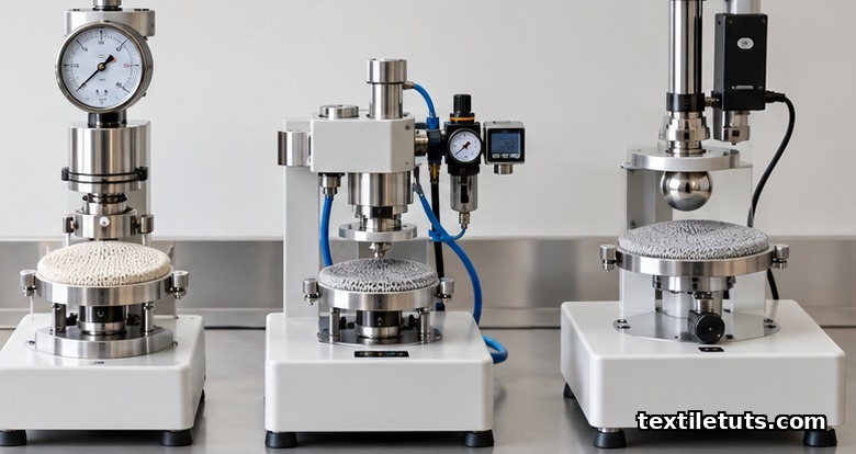 Three knit fabric bursting strength test apparatuses — hydraulic, pneumatic, and ball-burst — arranged on a lab bench.