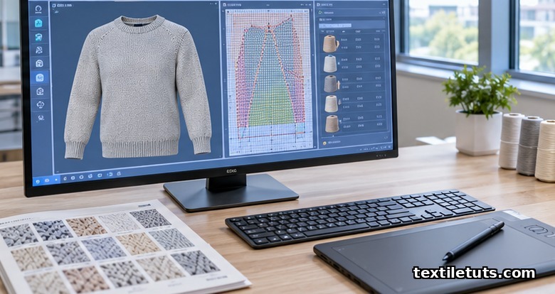 Knit CAD workstation showing3D garment simulation and stitch pattern graph on a wide screen with graphics tablet.