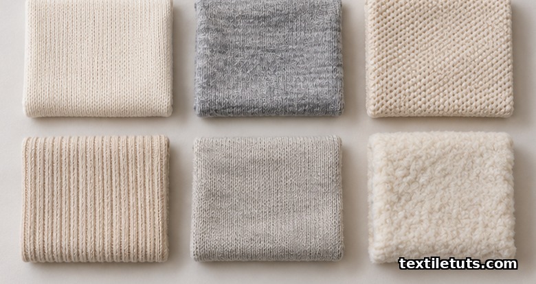 Flat-lay of six folded knit fabric swatches showing different knit constructions used in bursting strength comparison.