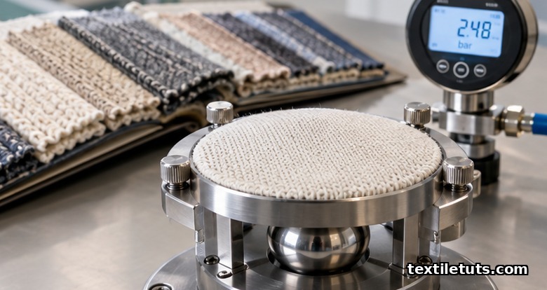 Circular knit specimen clamped in a steel bursting-strength tester under hydraulic pressure.