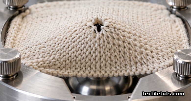 Close-up of a clamped knit fabric specimen rupturing at the center under hydraulic pressure during a bursting strength test.