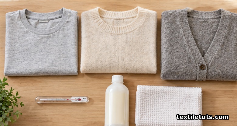 Folded knit garments with a thermometer showing 30 degrees Celsius, neutral detergent, and a pressing cloth on a wooden surface.